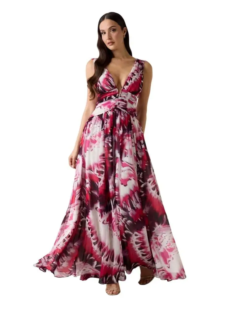 marciano abito lungo adela fantasia floreale rosso multicolor