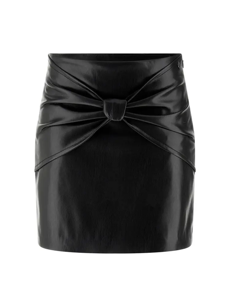 minigonna nera in similpelle con fiocco decorativo