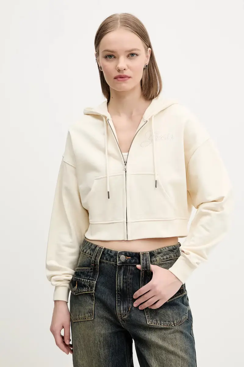 felpa in cotone donna colore beige con cappuccio W5RQ13 K68I1