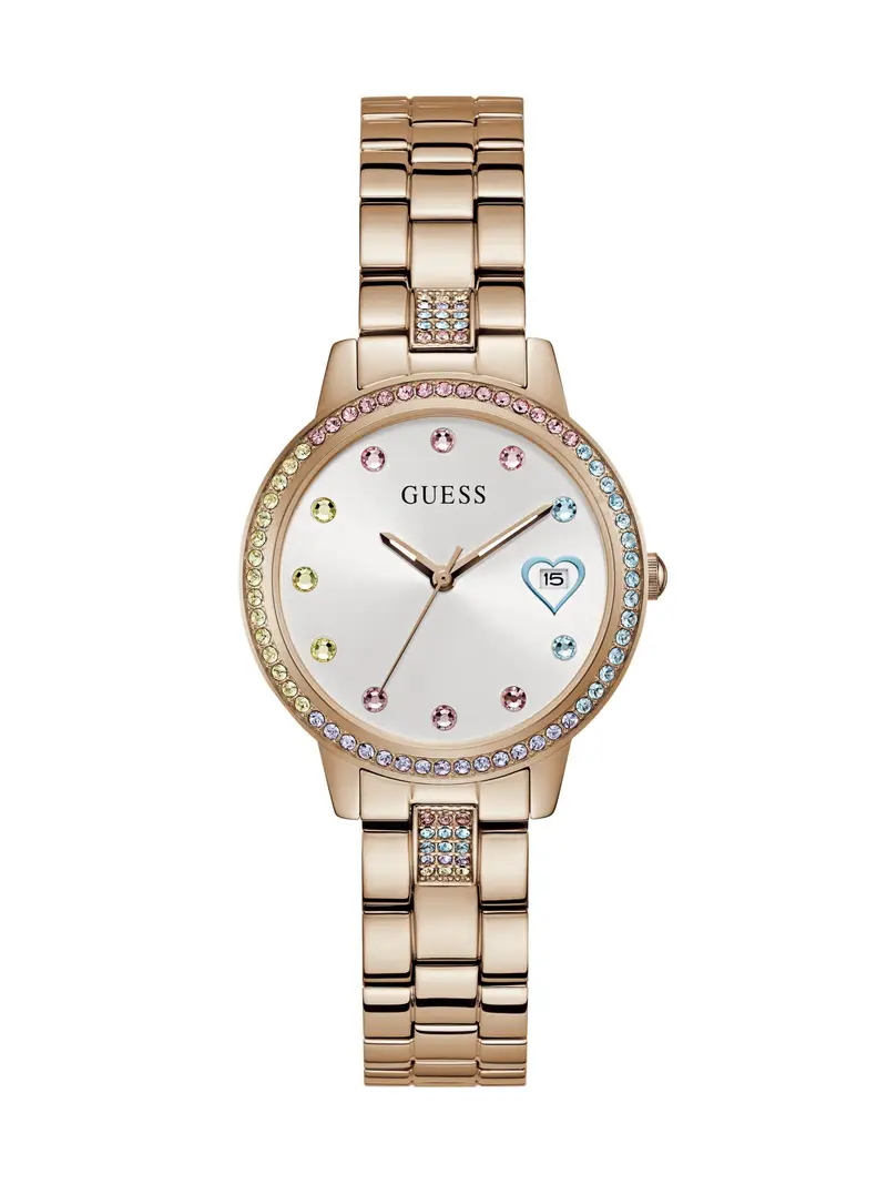 GUESS Orologio analogico 'THREE OF HEARTS'  blu chiaro / oro rosé / rosa / bianco
