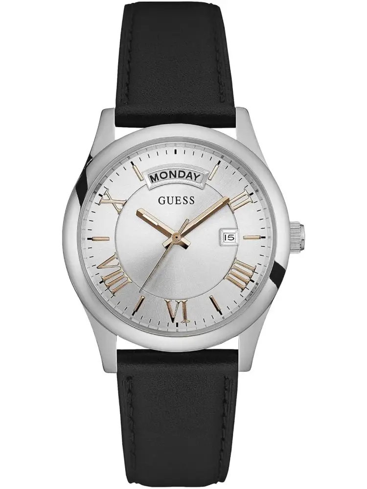 orologio con cinturino in pelle nera e quadrante color argento con dettagli in oro