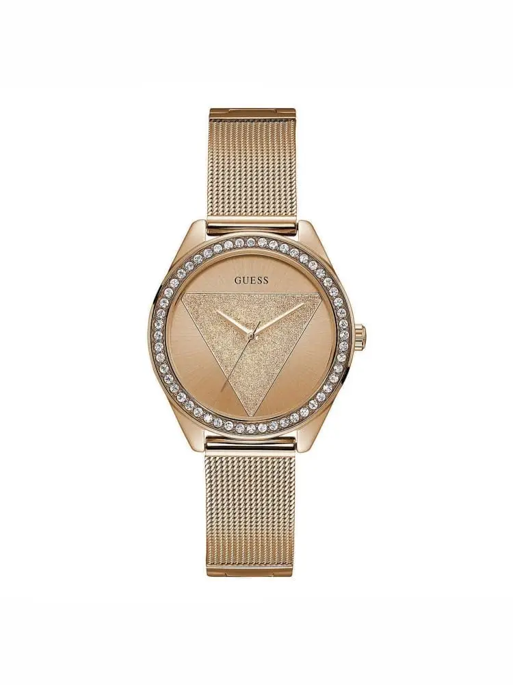 orologio in acciaio color oro rosa con cristalli e quadrante con triangolo glitterato