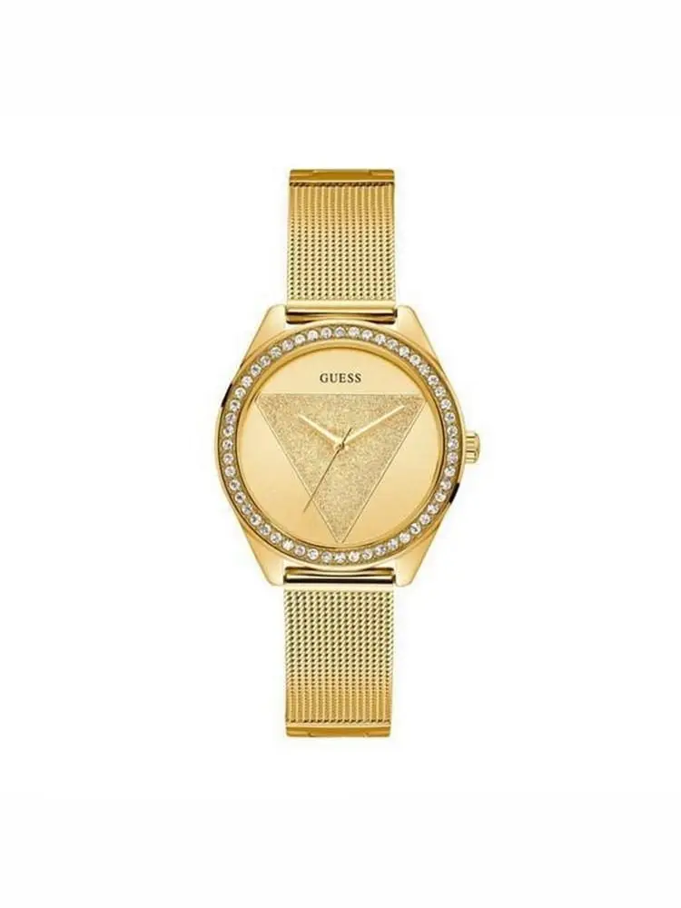 orologio in acciaio dorato con cristalli e quadrante con triangolo glitterato