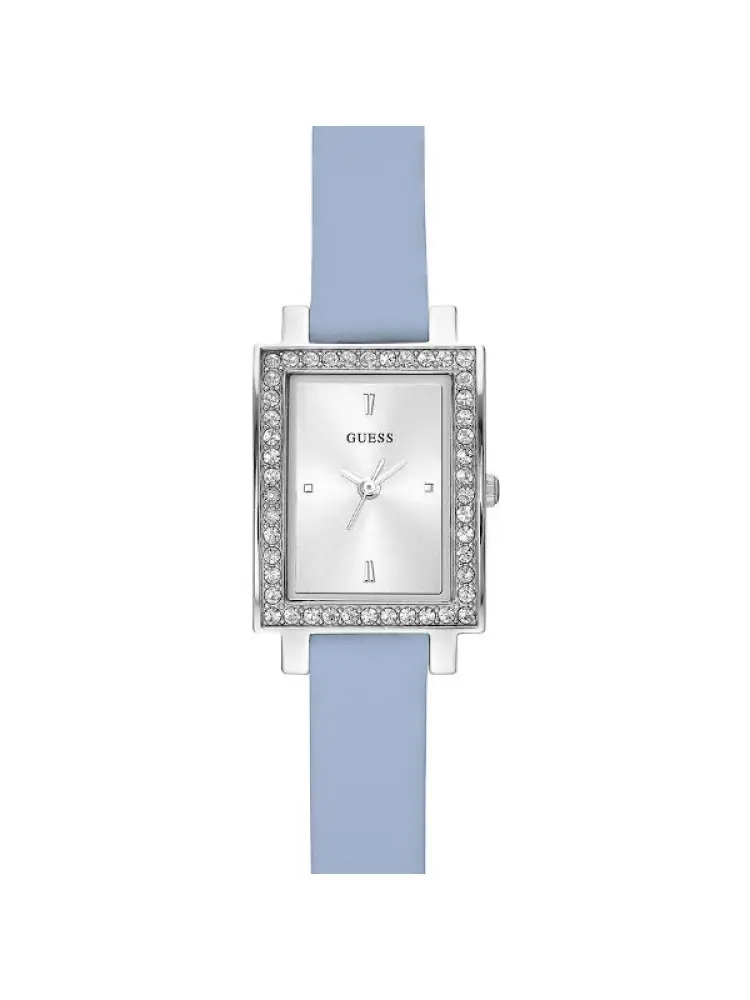orologio laila con cinturino in pelle azzurro e quadrante rettangolare silver con cristalli