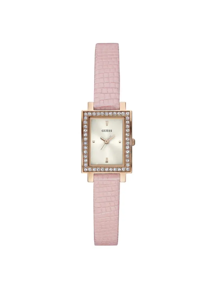 orologio laila con cinturino in pelle rosa e quadrante rettangolare con cristalli