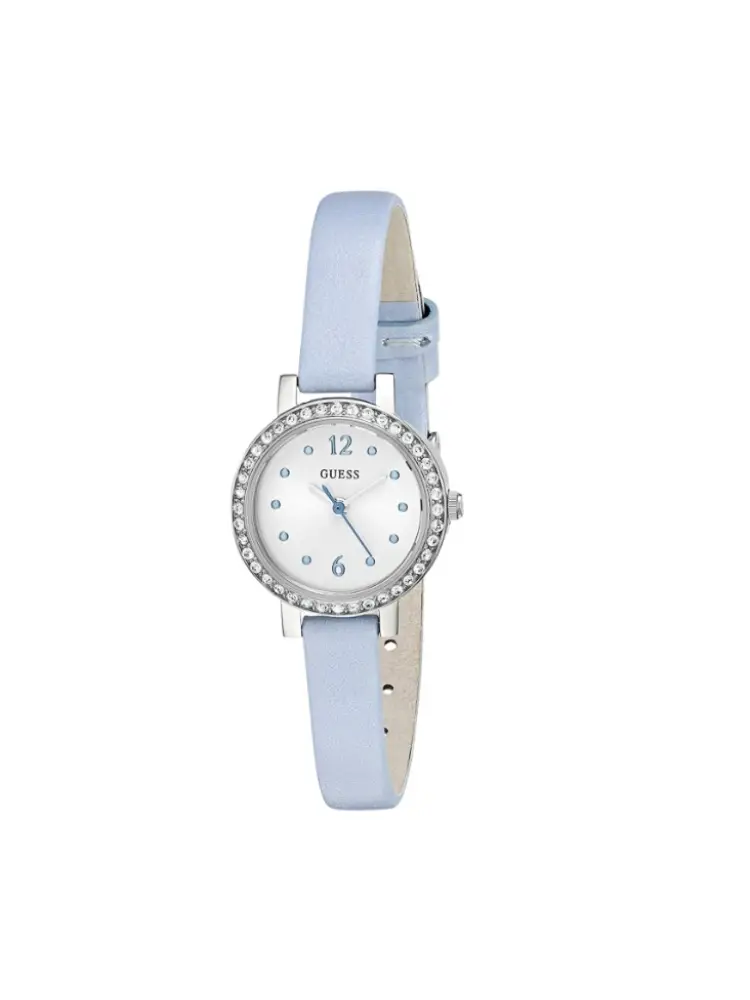 orologio mia con cinturino in pelle azzurro e quadrante silver con cristalli