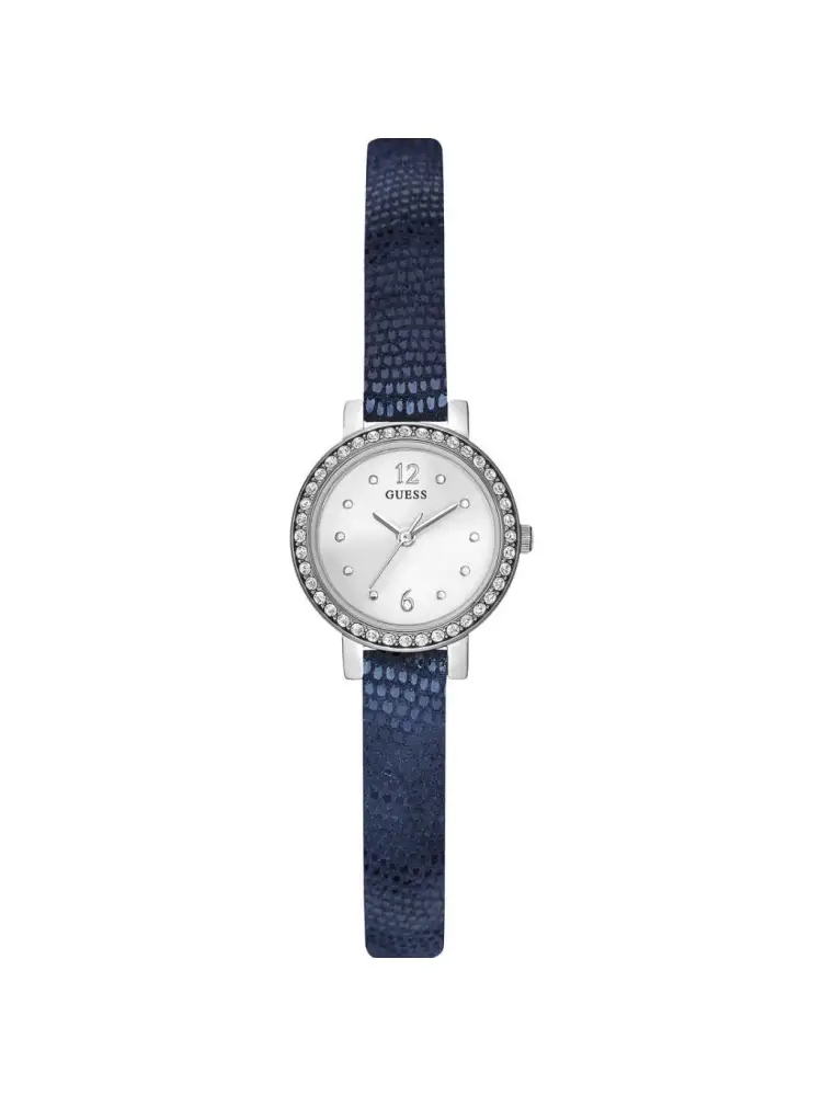 orologio mia con cinturino in pelle blu e quadrante silver con cristalli