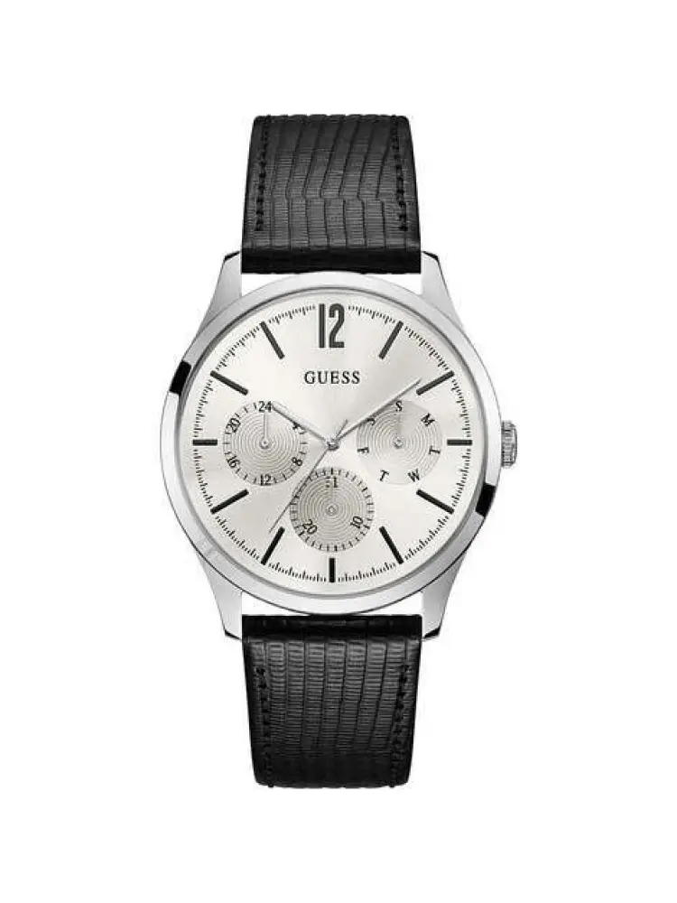 orologio multifunzione con cinturino in pelle nera e quadrante bianco con dettagli neri