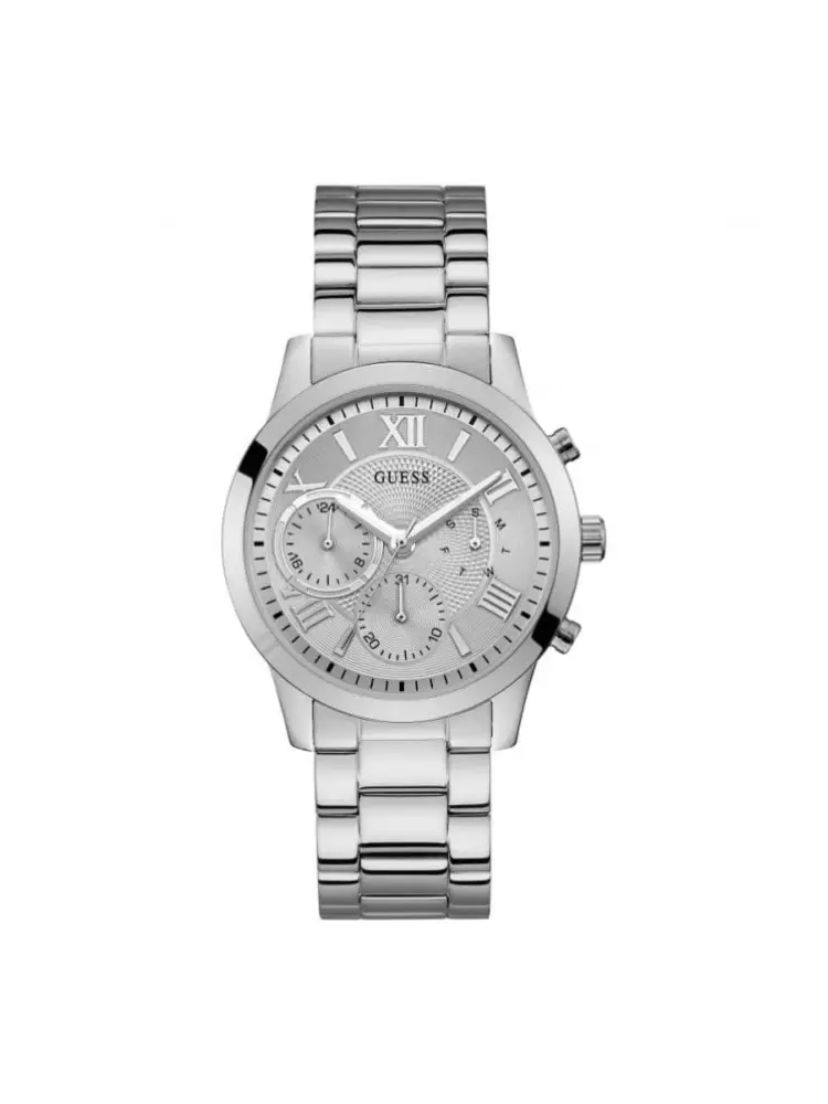 orologio multifunzione in acciaio color argento con cassa rotonda e quadrante color argento