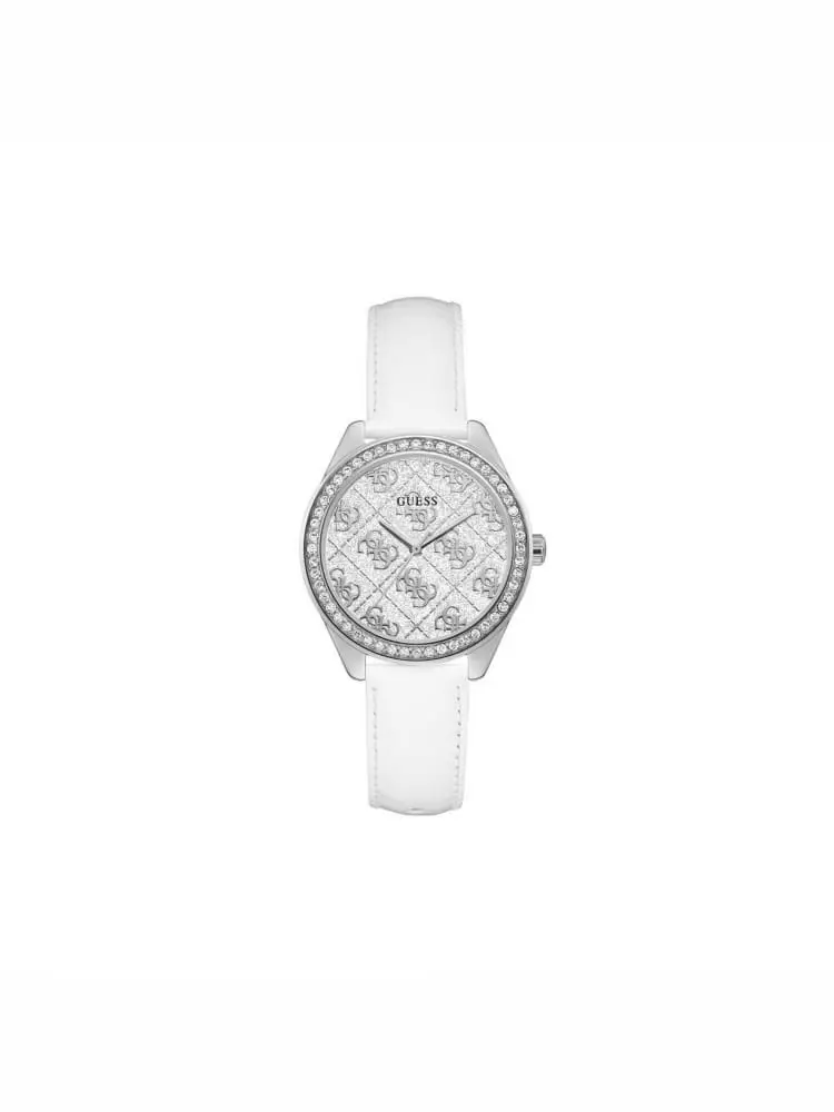 orologio sugar con cinturino in pelle bianco e quadrante glitterato con logo 4g