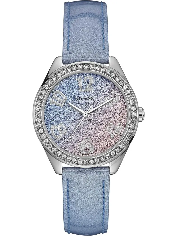 orologio sweetie con cinturino in pelle azzurro e quadrante glitterato rosa e azzurro con cristalli