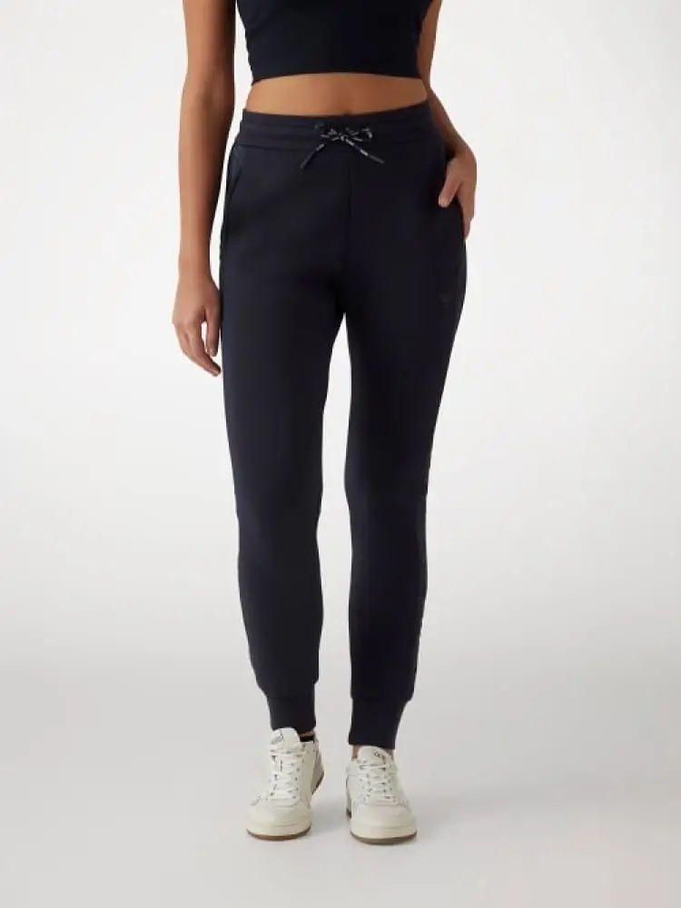 panatlone donna jogger in misto viscosa nero con banda logo laterale