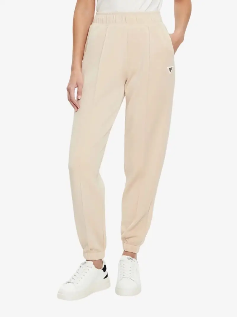 Guess pantalone beige donna in misto cotone mini logo sul lato