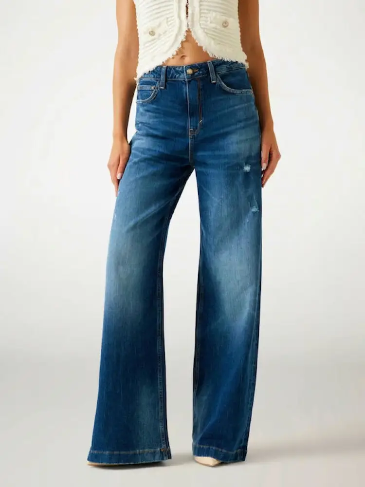pantalone in denim donna largo patch logo sul retro