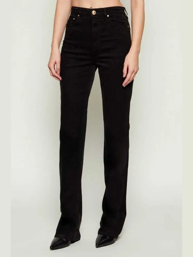 pantalone nero donna in denim patch logo sul retro