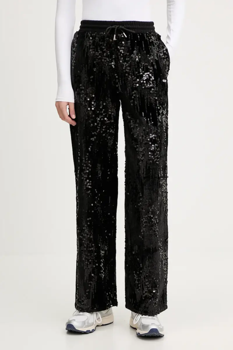 pantaloni da tuta in velluto donna colore nero con applicazione V5BB01 K1922