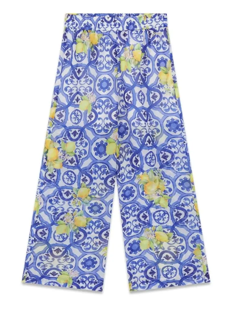 pantaloni kids/junior a palazzo blu con stampa limoni