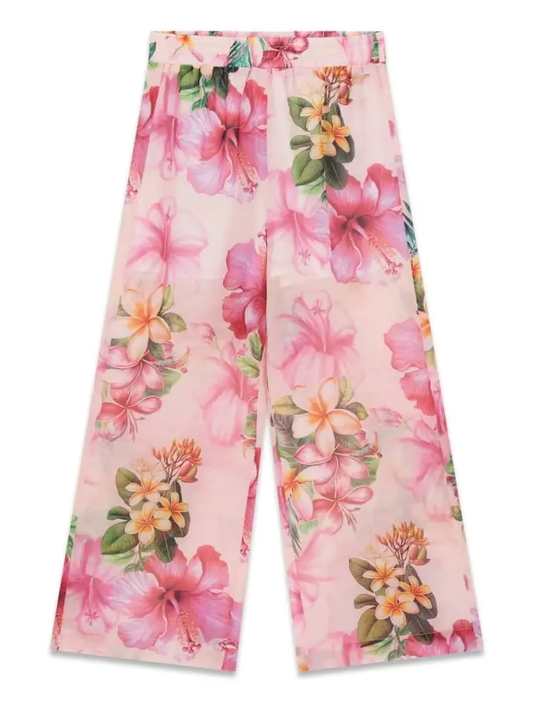 pantaloni kids/junior a palazzo rosa con stampa fiori