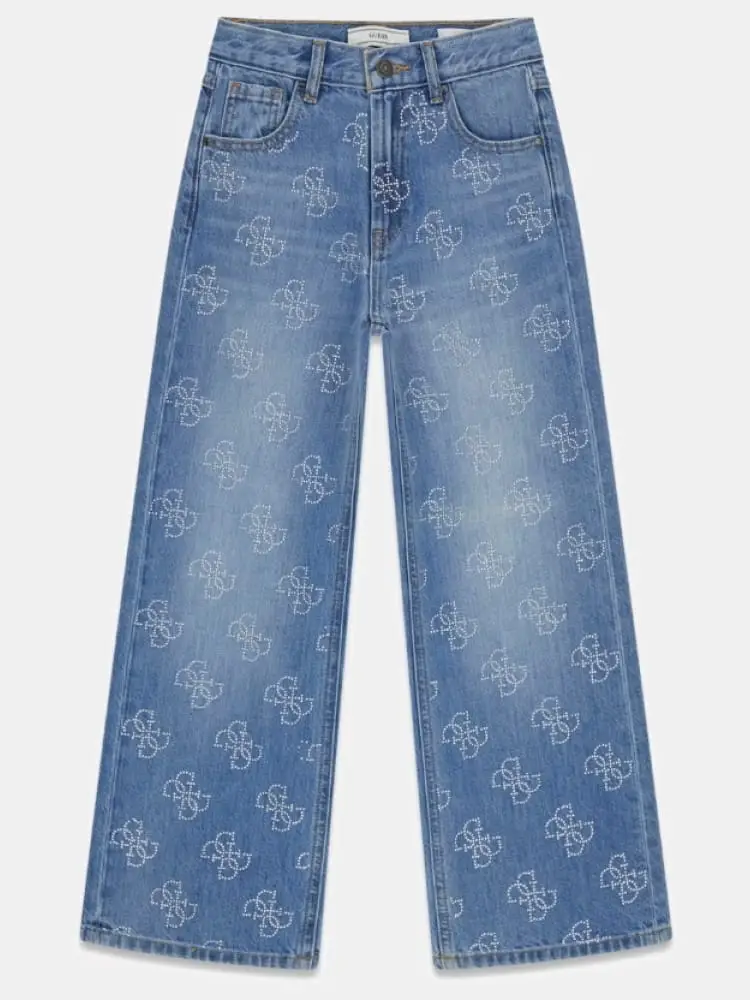 pantaloni kids/junior in denim blu con pattern logato in strass