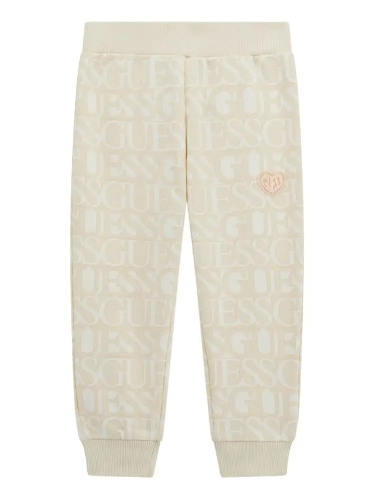 pantaloni kids panna con logo all over e polsini sotto