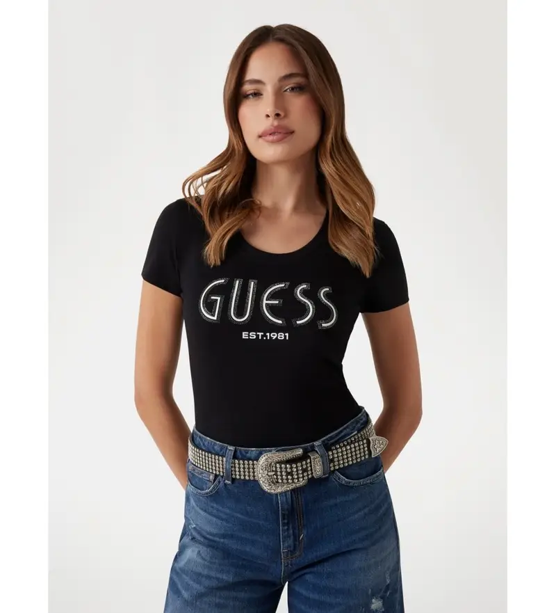 Guess Maglia donna con logo in strass nero