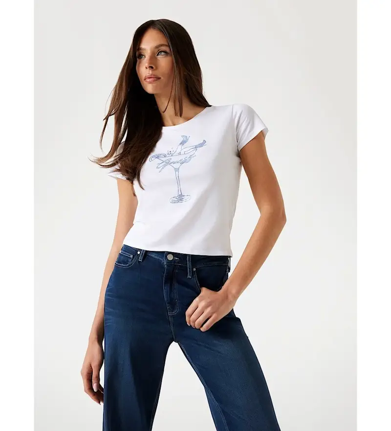 per donna W5YI31K9RM1 Maglietta con logo in strass bianchi (S), Bianco, Casual, Sintetico, Manica corta