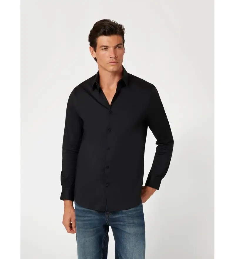 per uomo M1YH20W7ZK1 Camicia nera slim fit (S), Nero, Casual, Cotone, Manica lunga
