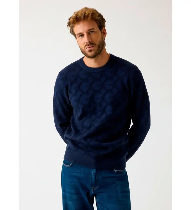 per uomo M5BR19Z0470 Maglione con logo jacquard in rilievo blu navy (S), Casual, Lana