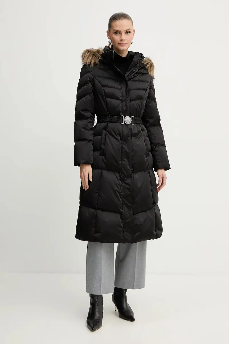 Guess Piumino lungo donna nero con cappuccio