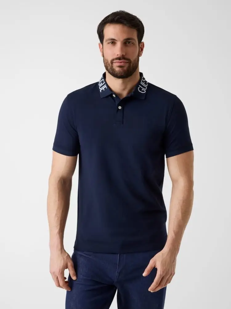Guess polo in cotone blu con logo sul collo miniatura 2
