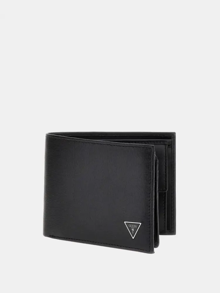 portafoglio doppia tasca con portamnonete in ecopelle nera con logo
