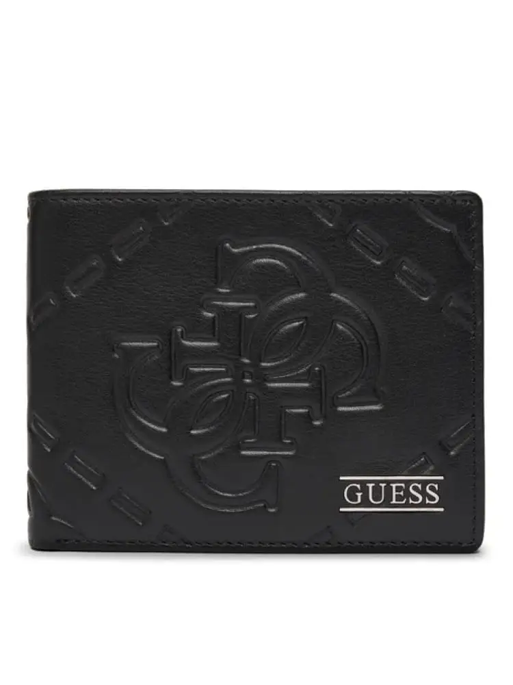 portafoglio nero con logo e dettaglio frontale