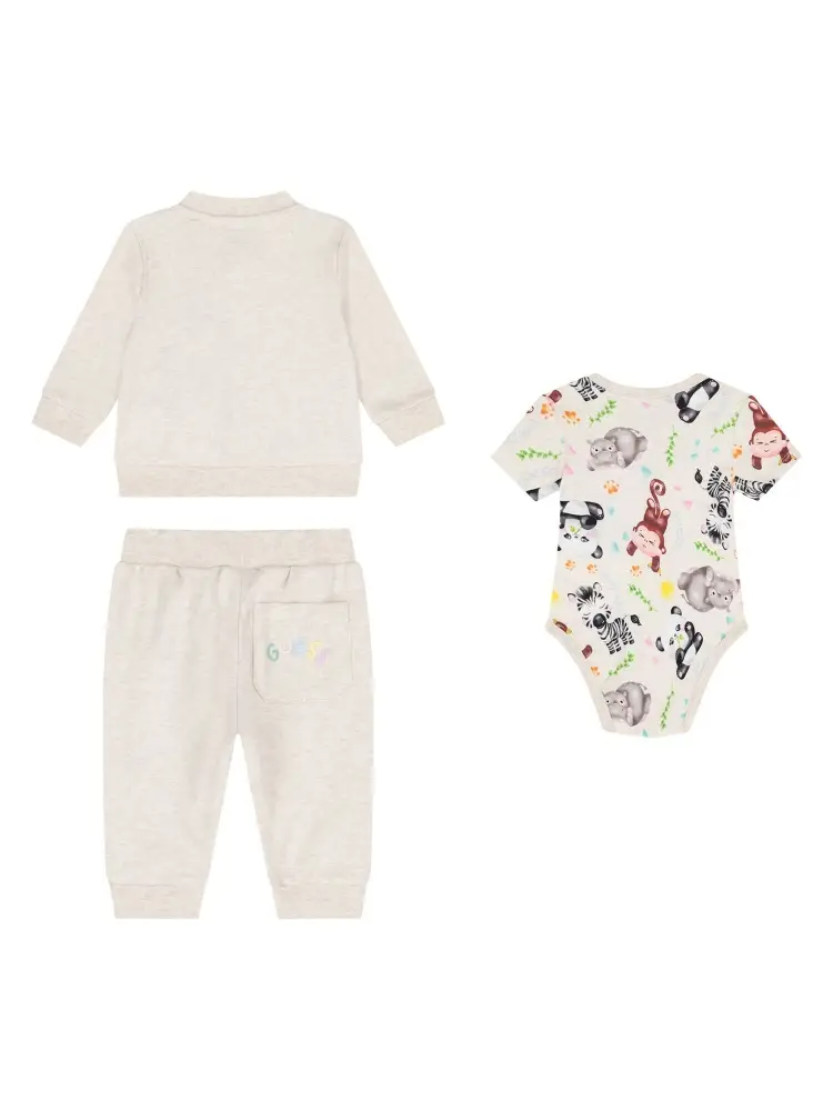 set beige neonato in cotone felpa e pantalone con body motivo animalier miniatura 2