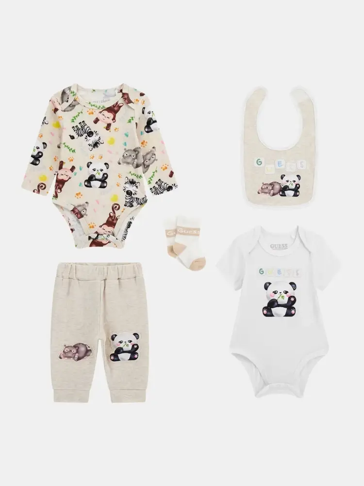 set beige neonato motivo animalier in cotone mini logo