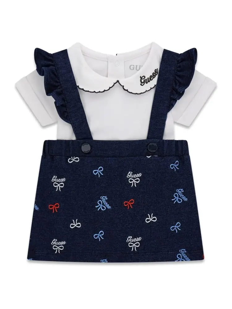 set infant body bianco e gonna blu con bretelle e ricami logo all over