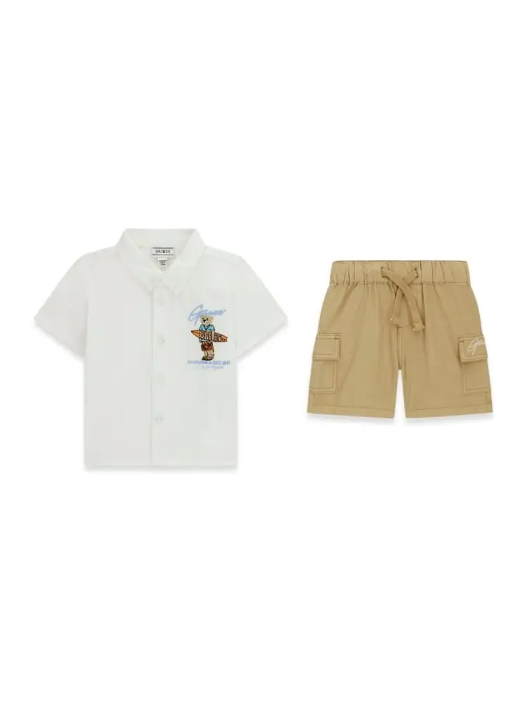 set infant camicia bianca e pantaloncini beige in poplin
