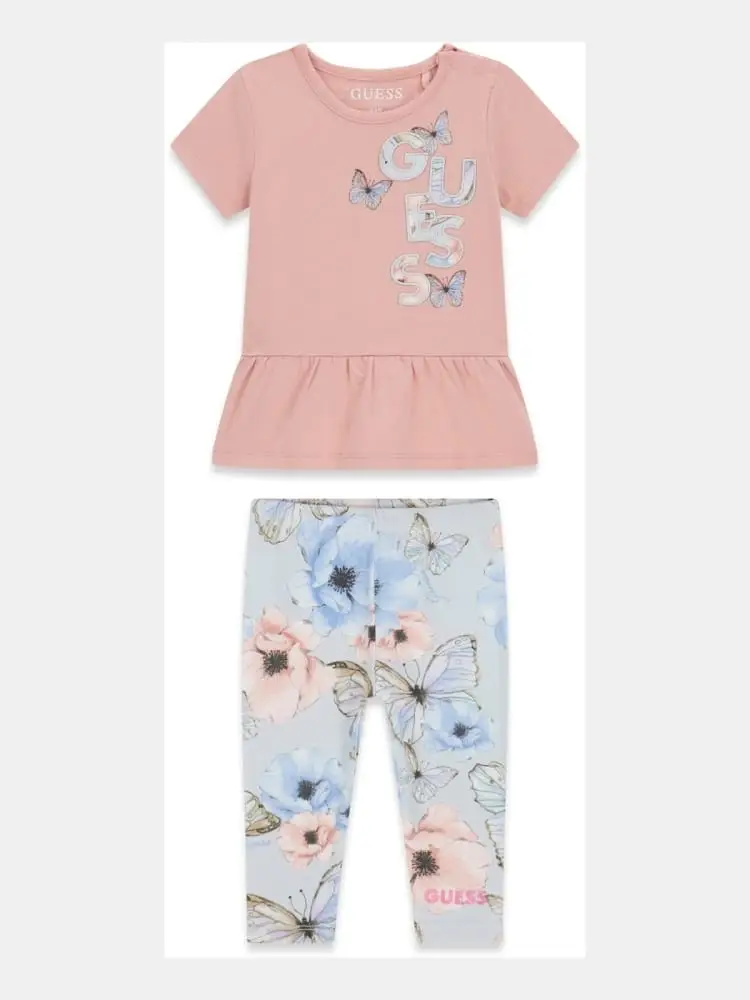 set infant t-shirt e leggings rosa fantasia e rosa con logo