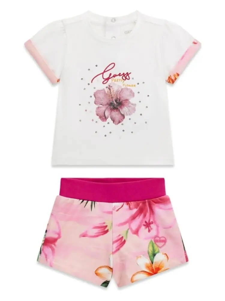 set infant t-shirt e pantaloncini bianchi stampa fiori