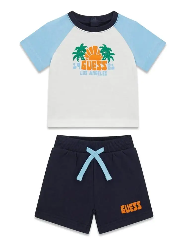 set infant t-shirt e pantaloncini blu con grafica palme