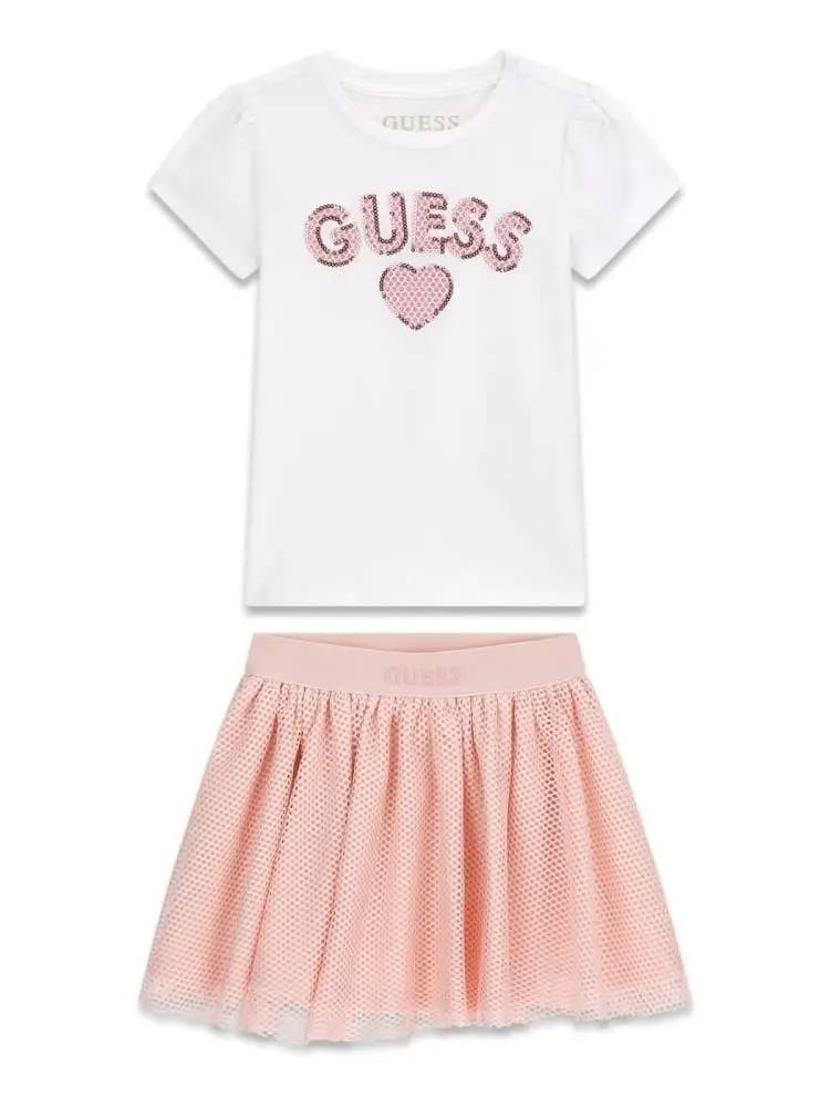 set kids t-shirt bianca logata e gonna in chiffon rosa