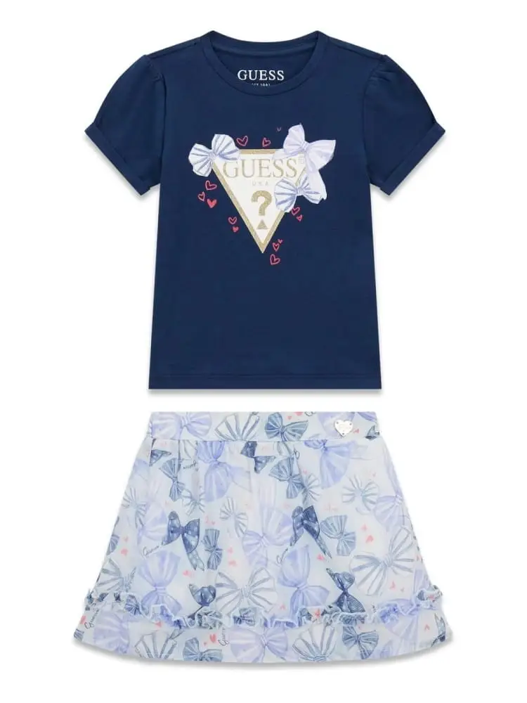 set kids t-shirt blu logata e gonna in chiffon a fantasia