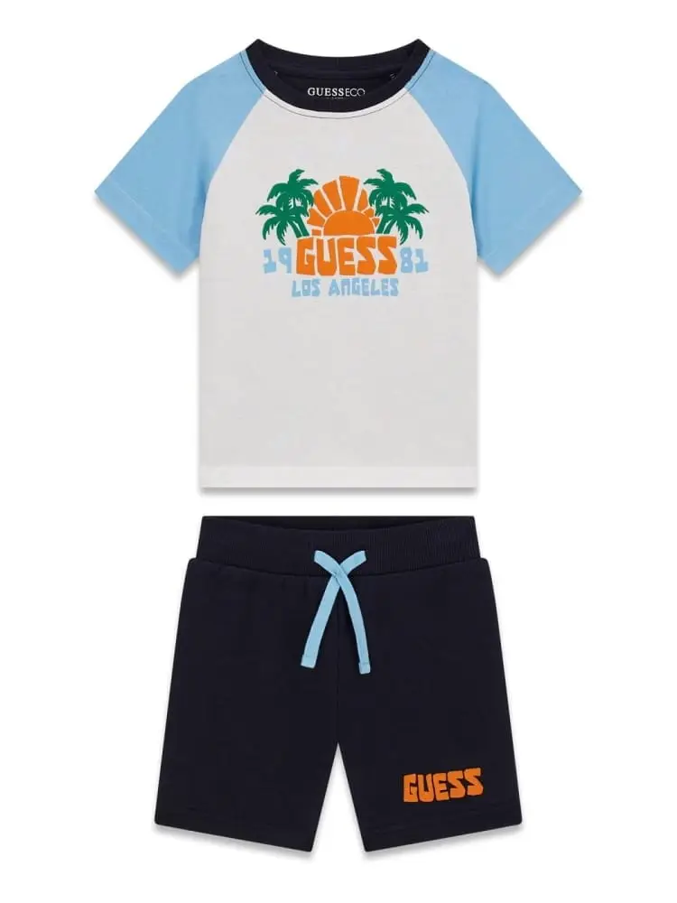 set kids t-shirt e pantaloncini blu con grafica palme
