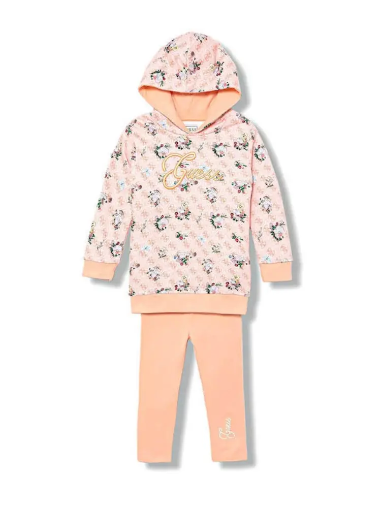 set salmone bambina felpa e leggings logo all over