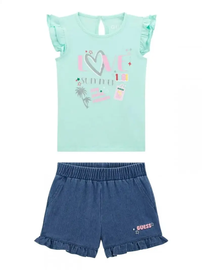 Guess set verde menta bambina tshirt e shorts logo sul davanti
