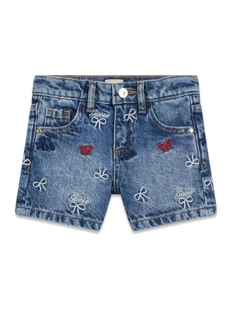 shorts infant in denim blu chiaro con ricami fiocchi e logo