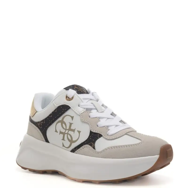 Guess sneakers da donna in vera pelle e tessuto con logo 4g bianco e marrone miniatura 2