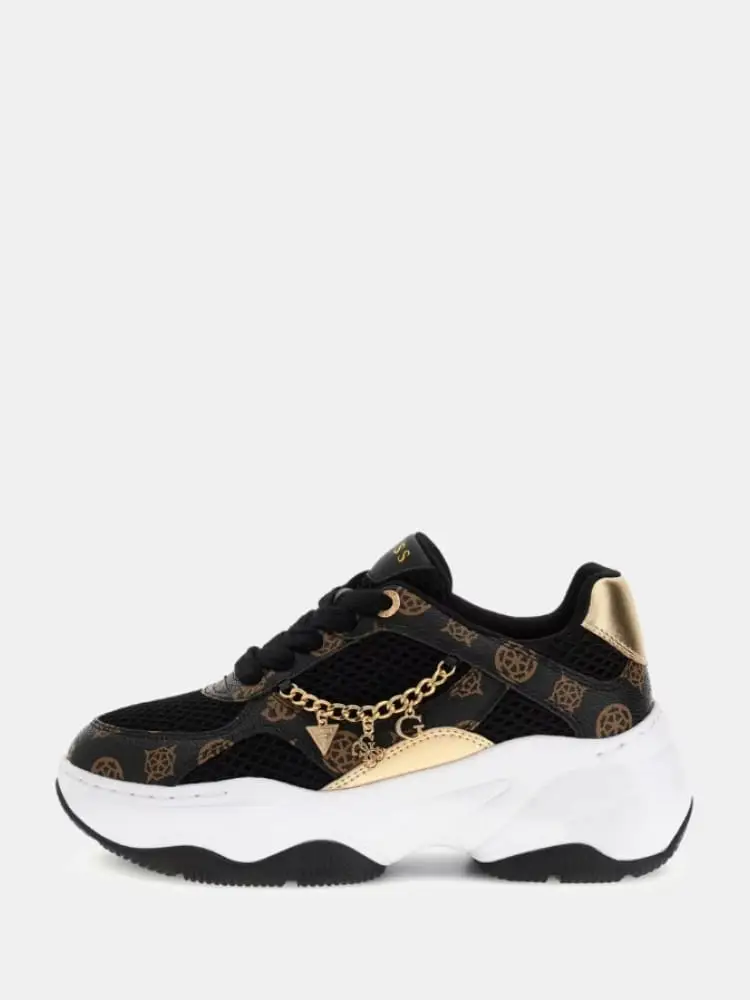sneakers donna nere con catena e dettagli oro