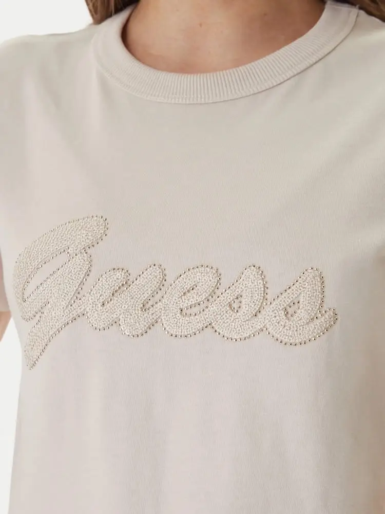 t-shirt donna in cotone beige con logo con paillettes miniatura 2