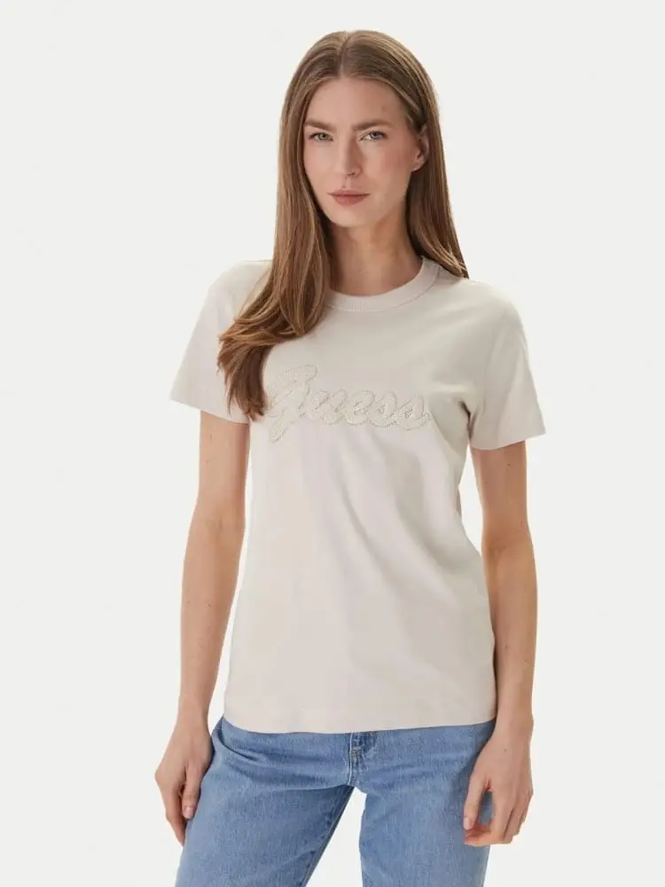 t-shirt donna in cotone beige con logo con paillettes
