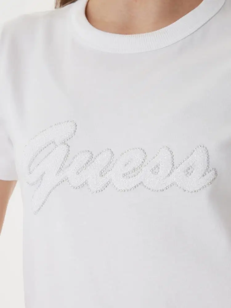 t-shirt donna in cotone bianco con logo con paillettes miniatura 2